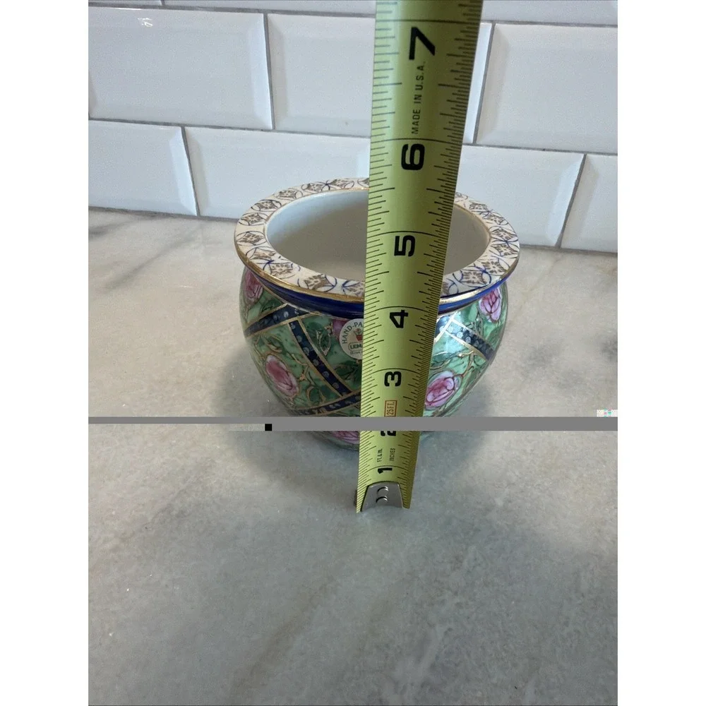 Lemax Ceramic Flower Pot Vase Green/blue/pink Roses Garden Gold Gilt 4